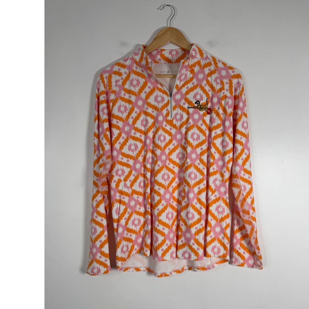 Preppy Sport Haley Womens Large 1/4 Zip Pullover Pink Orange Ikat Pluto Golf Top